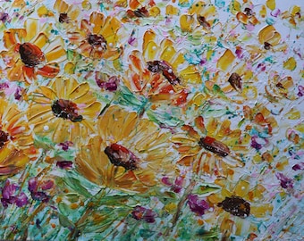 Sunflowers & Pink Coneflowers Original Oil Painting 36x24 Large Textured Impasto Wildflowers Signed COA