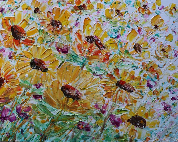 Sunflowers & Pink Coneflowers Original Oil Painting 36x24 Large Textured Impasto Wildflowers Signed COA