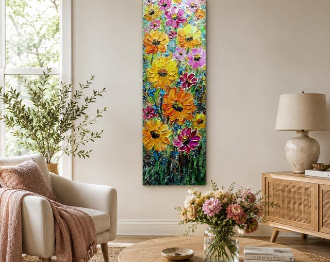 Colorful Wildflower Painting 12x36 Original Floral Wall Art Vertical Textured Canvas