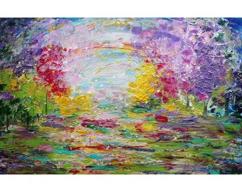 Spring Flowers Garden Pond in Bloom Original Painting Impasto Textured Art on Canvas Colorful Cherry Blossom Lily Pond Art by Luiza Vizoli