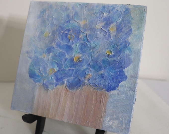 Blue Flower Painting, Flowers in a Pot, Original Textured Floral Art, 6x6