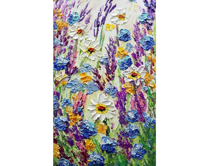 Wildflowers Lavender Blue Flowers Daisy Meadow in Bloom SPRING Art by Luiza Vizoli Vertical Canvas