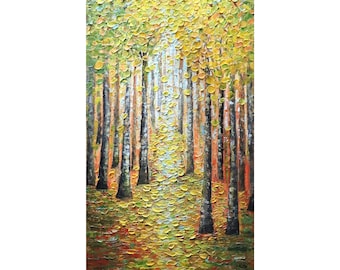 Fall Birch Path Original Impasto Oil Painting Vertical Canvas Textured Trees Forest Art by Luiza Vizoli