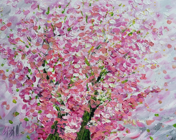 Original Cherry Blossom Painting 36x24, Pink Tree Wall Art, Blossoms in the Breeze