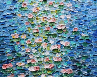 Abstract Water Lilies Painting – Blush Pink Pond Lake Textured Canvas