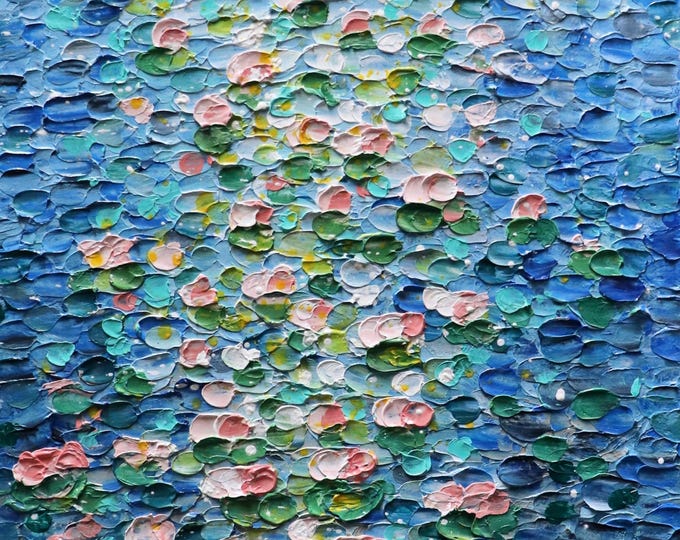 Abstract Water Lilies Painting – Blush Pink Pond Lake Textured Canvas