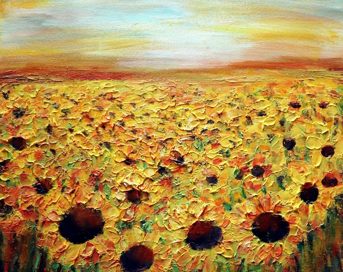Sunflowers Fields Sunset Original Oil Painting, Summer Landscape Floral Art