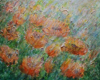 Orange Poppy Flower Painting Textured Floral Wall Art Meadow Canvas Impressionist Original