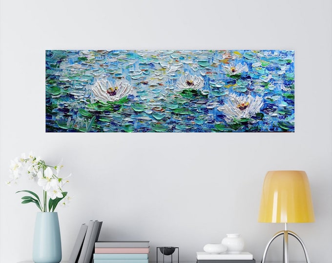 Abstract Water Lilies Oil Painting: Narrow Horizontal Canvas, Coastal Wall Art