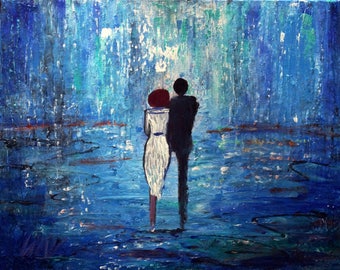Blue Lights, Abstract Couple Painting, Modern Romance