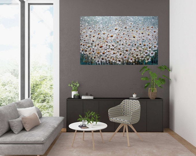 Textured Daisy Painting, Aqua Turquoise Canvas