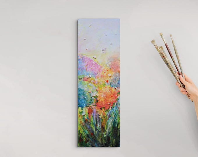 Whispers of Spring Original Floral Painting 12x36 Butterfly Garden Art