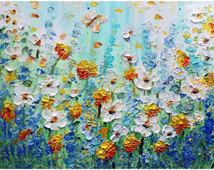 Summer Colors Daisy Wildflowers and Butterflies Impasto Oil Original Painting Art by Luiza Vizoli