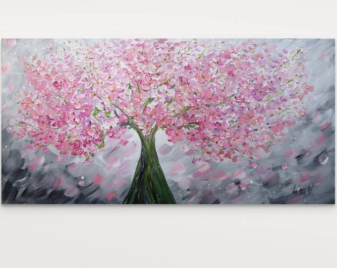Original Painting Bringing a Touch of Spring Renewal - Pink Cherry Blossom Tree