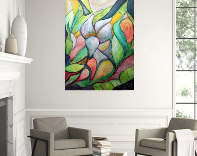 Abstract White Flower Painting, Modern Botanical Wall Art, Stained Glass Effect Floral Canvas