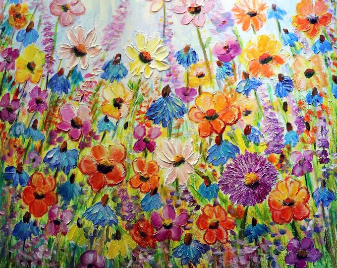 COUNTRY ZINNIAS CORNFLOWERS Original Oil Painting Square Canvas Flowers Landscape Art by Luiza Vizoli