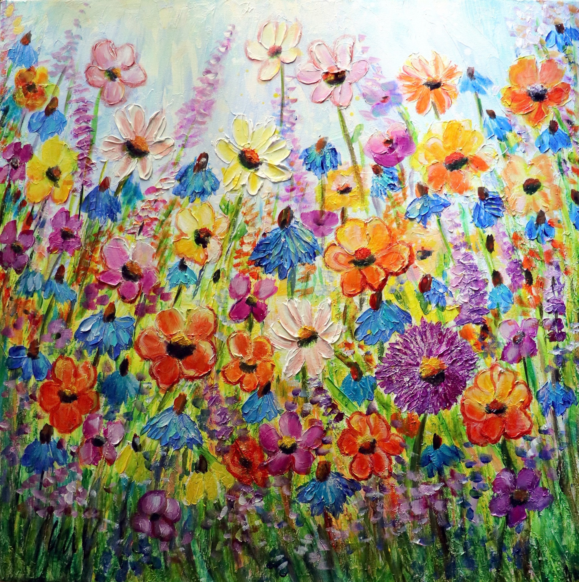 COUNTRY ZINNIAS CORNFLOWERS Original Oil Painting Square Canvas Flowers  Landscape Art by Luiza Vizoli