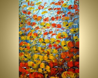 Abstract Modern Art Flowers Modern Impasto Oil Painting ORANGE YELLOW POPPIES Field on 36x24 canvas by Luiza Vizoli