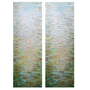 May include: Two abstract paintings in a vertical format. The paintings are a mix of green, blue, white, and brown colors. The paint is applied in thick, textured strokes, creating a layered effect. The paintings are signed in the bottom right corner.