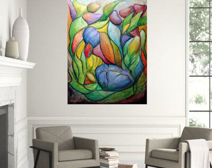 Murano Tulips, Colorful Tulip Painting, Textured Floral Wall Art, Modern Boho Decor, Stained Glass Effect Canvas
