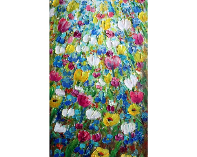 SPRING Wildflowers in Bloom, Tulips Crocus Daffodils  Original Oil Painting Springtime, Thick Heavy Impasto , Textured Canvas, Ready to Ship