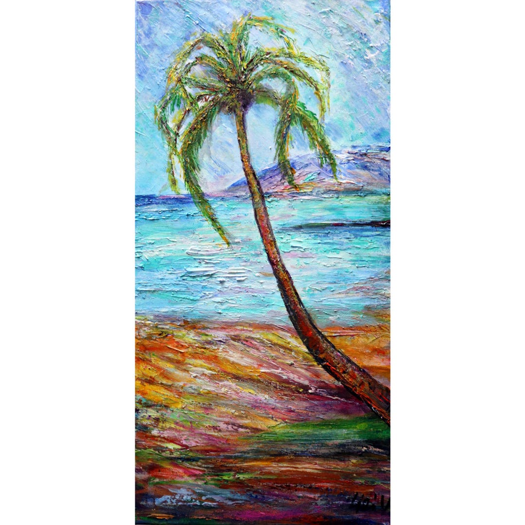 Textured Tropical Seascape Painting: Hawaii Palm Tree Ocean Art