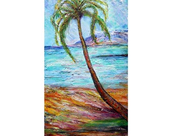 Tropical Shoreline Original Textured Painting 12x24 Hawaii Beach Palm Tree Ocean Art by Luiza Vizoli Vertical Canvas Ready to Hang