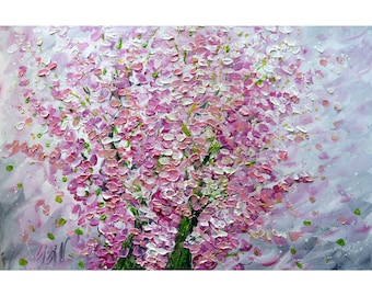 Cherry Blossom Impasto Oil Painting: Abstract Spring Art on Canvas