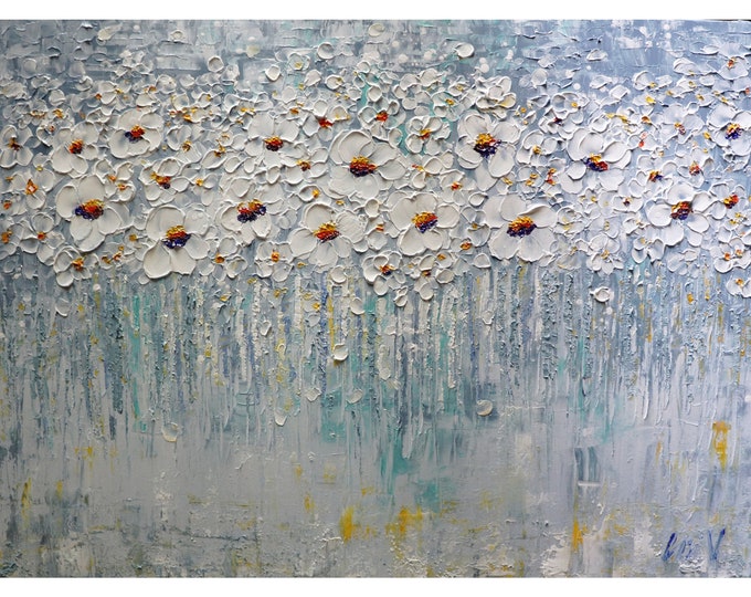 White Daisy Blossom Flowers soft gray, blue, warm beige, yellow and orange tones original painting by Luiza Vizoli