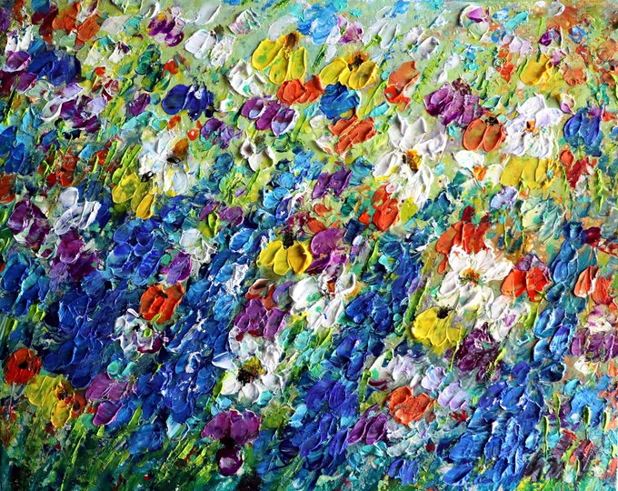 Bluebonnet Country Wildflowers Rustic  Flowers Heavy Textured Palette Impasto Oil Original Painting by Luiza Vizoli