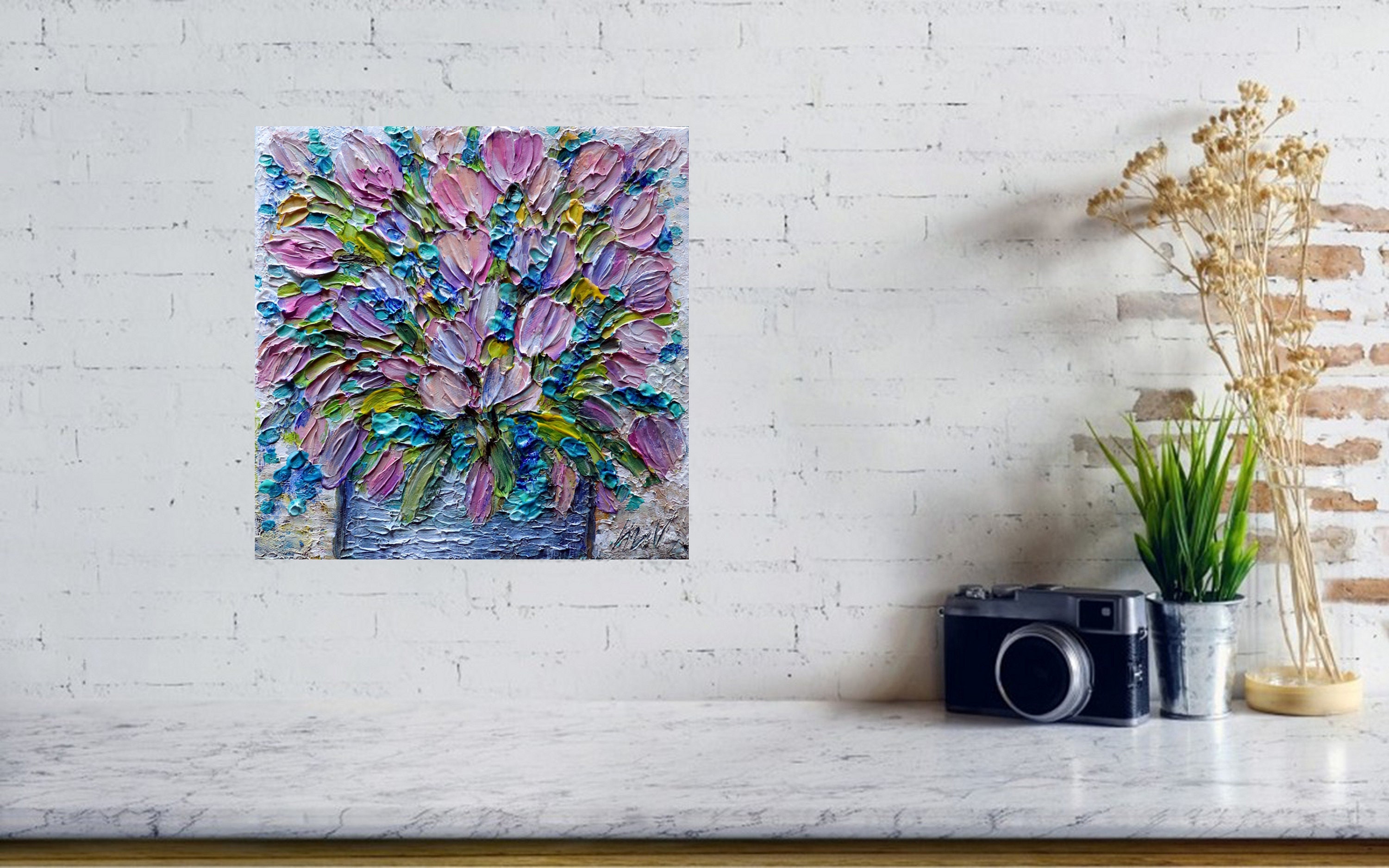 Pink TULIPS Flowers Bouquet in a Vase Original Oil Painting Impasto ...