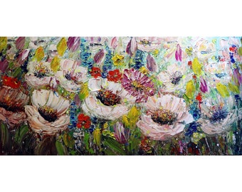 Large Impasto Wildflower Painting, Colorful Floral Art
