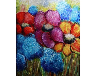 Fall Hydrangea Wall Art Large Blue Flowers Original Oil Painting on Canvas