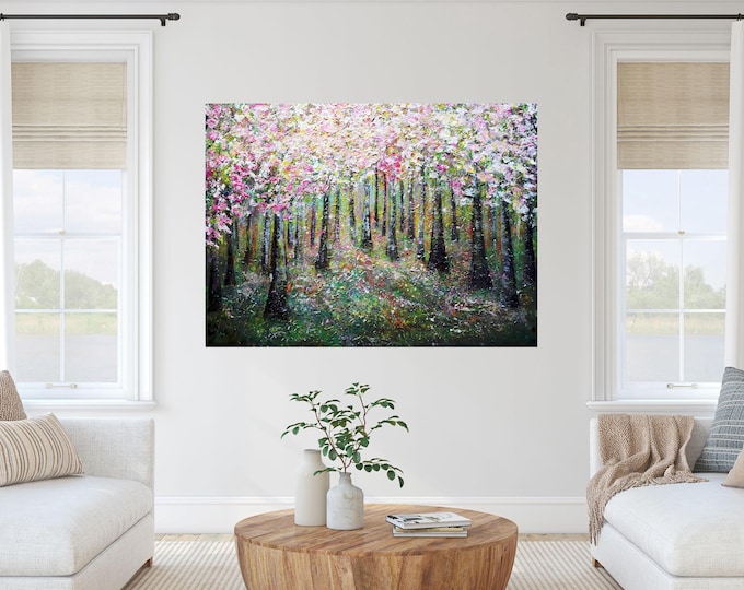Extra-Large Cherry Blossom Forest Painting: Modern Impressionist Oil on Canvas