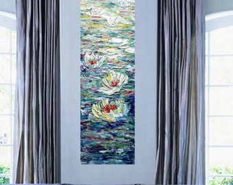Water Lilies Original Painting, Tall Vertical Floral Wall Art, Made to Order