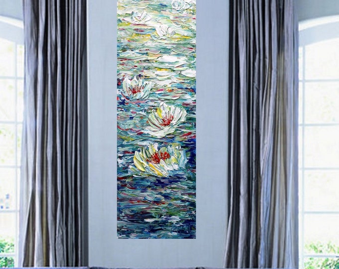 Water Lilies Original Painting, Tall Vertical Floral Wall Art, Made to Order