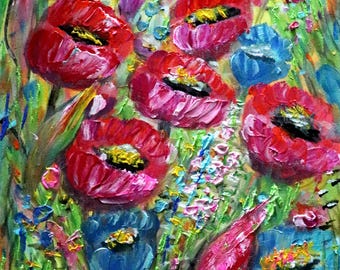 Summer Symphony Original Oil Painting Red Poppies amidst a Colorful array of Wildflowers