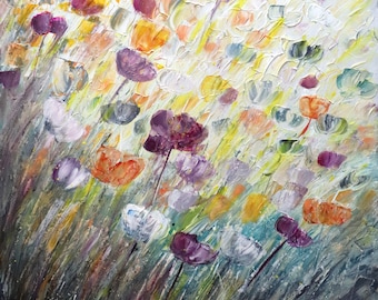 Square Painting, TULIPS Petals SPRINGTIME, textured abstract ORIGINAL Art , Extra Large  Floral Canvas