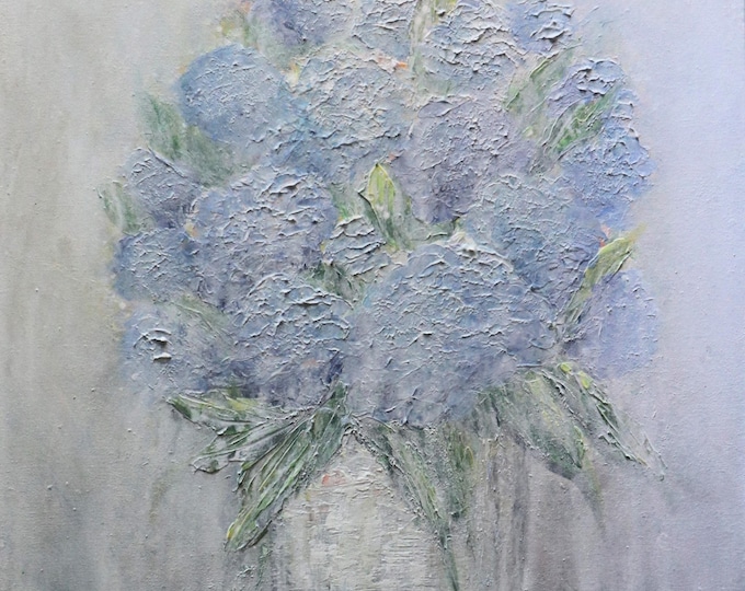 Flowers in Vase, White Blue Hydrangeas, Original Painting
