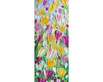 Spring Flowers TULIPS Vertical Narrow Canvas Original Impasto Oil Painting  pink, purple, yellow, white SPRINGTIME