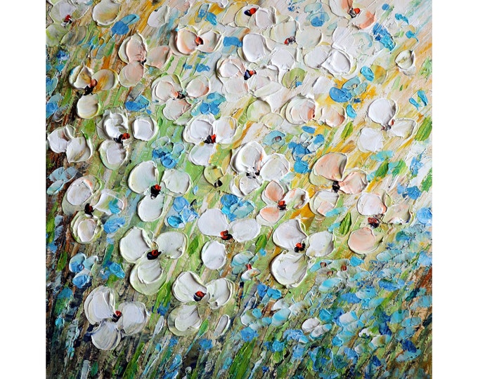 Vertical Wall Art Soft Colors Forget Me Not Flowers, Daisy Abstract Original Painting, Impasto PASTEL COLORS, Large Canvas