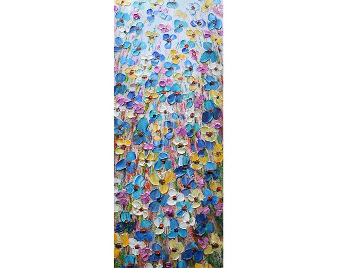 Spring Flowers Blue White Purple Yellow WILDFLOWERS Tall vertical wall art ORIGINAL Painting canvas Narrow wall decor staircase, entryway