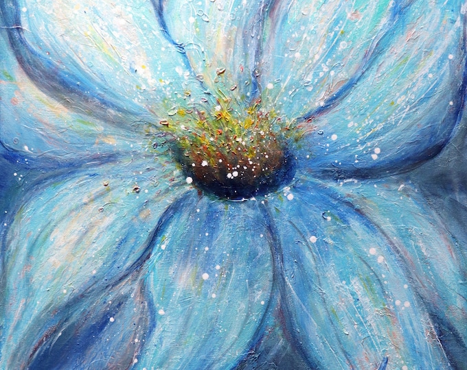 Morning Dew Mist Blue White Flower ORIGINAL PAINTING Large Square Canvas Art by Luiza Vizoli ready to ship