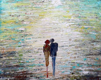 Original Abstract Square Painting Couple Holding Hands Walking OUR Morning WALKS Oil Impasto Art on Canvas
