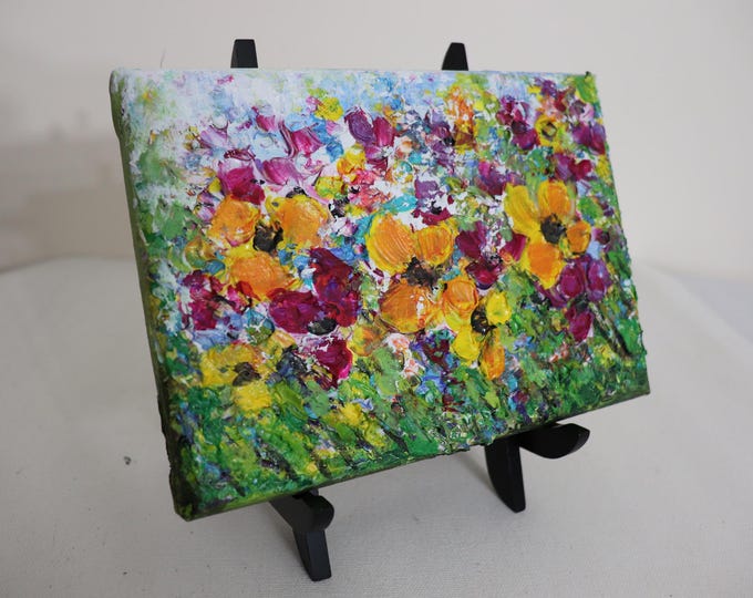 Meadow Flowers Painting, Small Colorful Textured Oil Art, 5x7