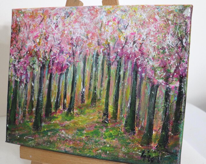 Cherry Blossom Forest , Small Original Painting 10x8