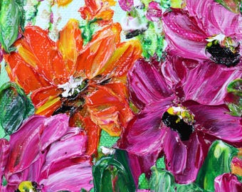 Bees Wildflowers Mini Painting 4x4 – Original Oil on Canvas, Colorful Floral Wall Art, Small Nature Decor, Gift for Bee Lovers