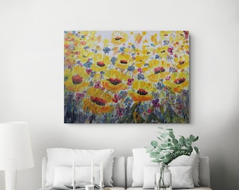 Original Yellow Poppy Painting 40x30, The Colors of Summer, Textured Floral Canvas Art