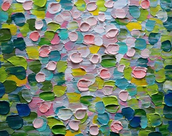 Abstract Coastal Landscape Painting: Pink, Green, Yellow, and Blue Oil on Canvas