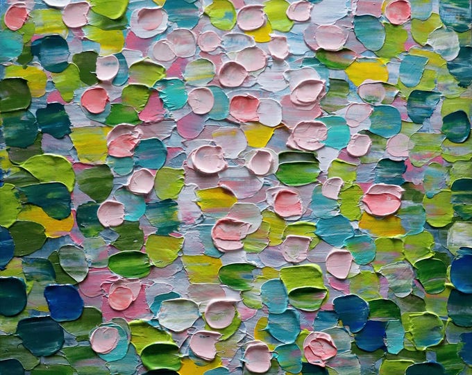 Abstract Coastal Landscape Painting: Pink, Green, Yellow, and Blue Oil on Canvas